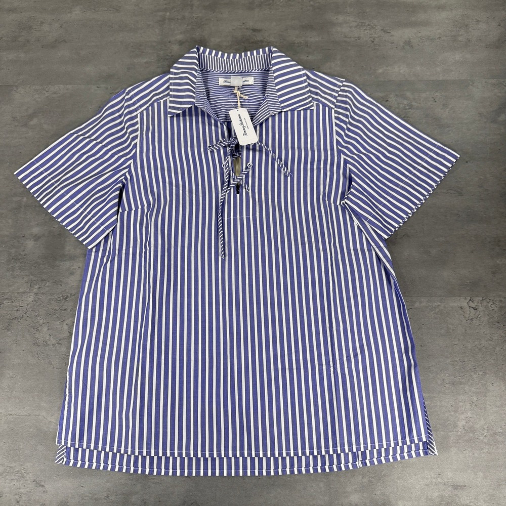Tommy Bahama Camp Shirt Top XS Sunlit Stripe Lace Up Popover Blue Chic $118